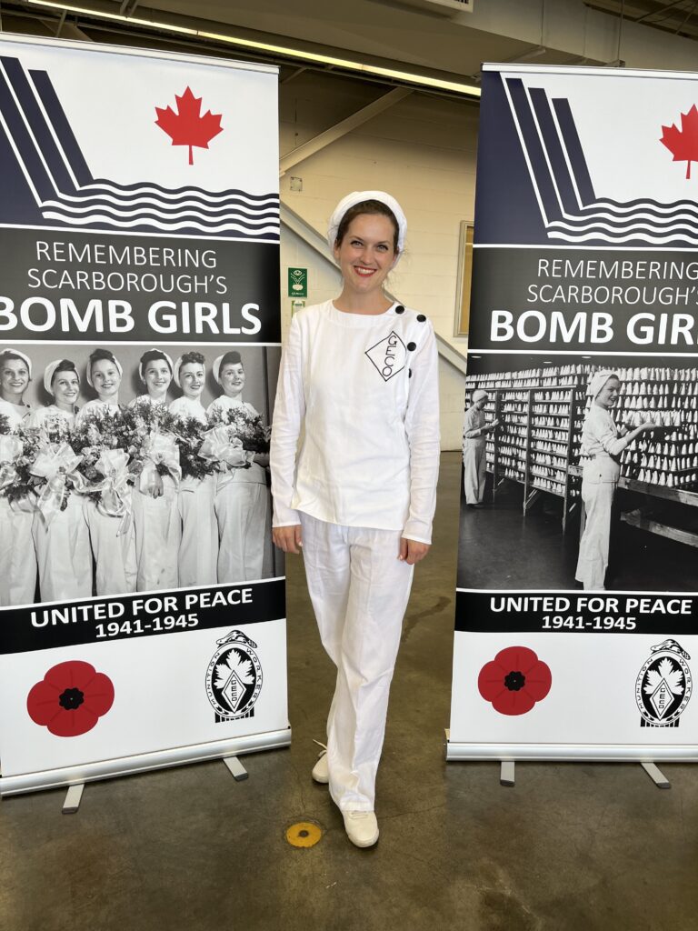 Kate Ritson in Authentic Reproduction of GECO Bomb Girls Uniform - June 6, 2024 Memorial Banner Unveiling - Photo Courtesy Sue Grant